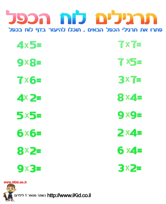 לוח הכפל תרגילי חזרה